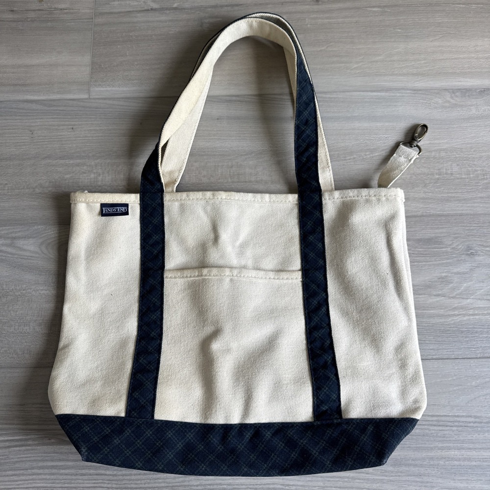 Vintage Lands End Boat & Tote Heavy Canvas Bag Navy Blue Plaid Trim Made In USA